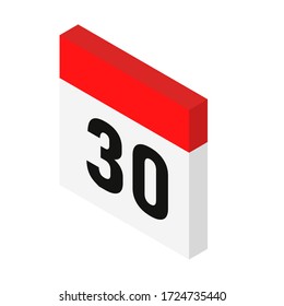 Isometric calendar icon date 30. Día con el número 30. Ilustración vectorial. 3.ᵉʳ estilo