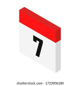 Isometric calendar icon date 7. Day with number 7. Vector Illustration. 3d style