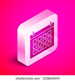 Isometric Calendar icon isolated on pink background. Event reminder symbol. Silver square button. Vector Illustration