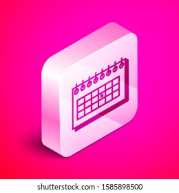 Isometric Calendar icon isolated on pink background. Due date. Silver square button. Vector Illustration