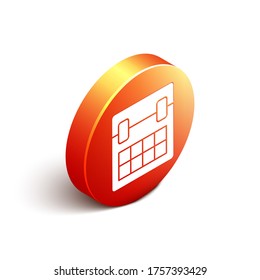 Isometric Calendar icon isolated on white background. Event reminder symbol. Orange circle button. Vector Illustration
