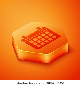 Isometric Calendar icon isolated on orange background. Event reminder symbol. Orange hexagon button. Vector Illustration