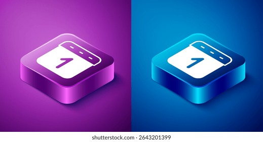 Isometric Calendar icon isolated on blue and purple background. Event reminder symbol. Square button. Vector