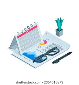 isometric calendar on a sheet of paper with charts and table, in color on a white background, glasses and pen, financial quarterly reporting or statistics