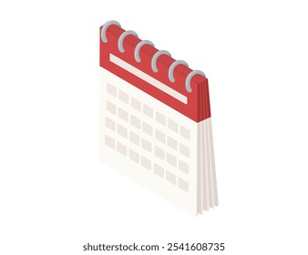 Isometric calendar with red accents and spiral binding, item for scheduling and planning. Perfect for business, time management, and organization themes. Vector illustration isolated on white.