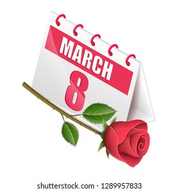 Isometric calendar women's day with flower rose. 3d calendar 8 march