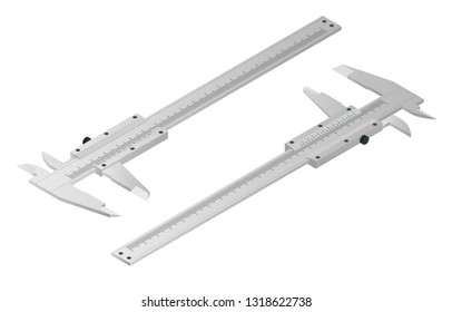 Isometric calipers isolated on white. Vernier caliper, metal equipment engineering work measurement tools. Device used to measure the distance between two opposite sides of an object