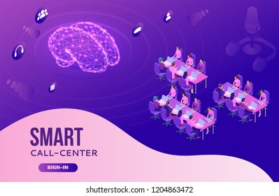 Isometric call center 3d vector illustration, artificial intelligence manages customer service, mobile support landing page, operator with headphone, contact centre concept