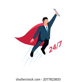 Isometric call center support composition with flying man in superhero suit vector illustration