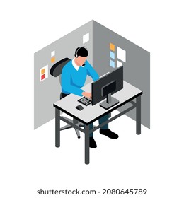 Composición de soporte de centros de llamadas isométricos con el carácter humano del trabajador en el lugar de trabajo con ilustración de vectores de computadora y auriculares