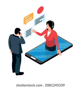 Composición de soporte de un centro de llamadas isométrico con el personaje masculino del cliente y el agente de soporte femenino en la ilustración vectorial del smartphone