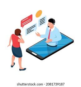 Isometric call center support composition with calling woman and male tech support agent in smartphone vector illustration