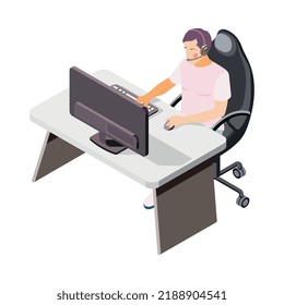 Trabajador de un centro de llamadas isométrico en su lugar de trabajo en ilustración vectorial de oficina 3d