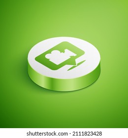 Isometric Camera and location pin icon isolated on green background. White circle button. Vector