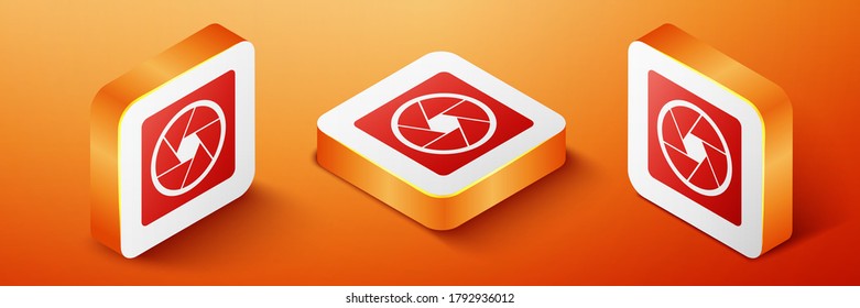 Isometric Camera shutter icon isolated on orange background. Orange square button. Vector