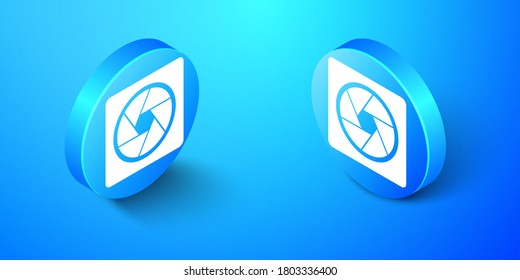Isometric Camera shutter icon isolated on blue background. Blue circle button. Vector.