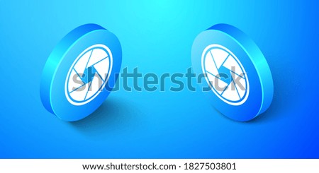 Isometric Camera shutter icon isolated on blue background. Blue circle button. Vector.