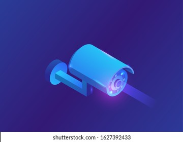 Isometric camera video 3d  isometric icon, blue neon symbol of smart multimedia device