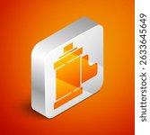 Isometric Camera vintage film roll cartridge icon isolated on orange background. 35mm film canister. Filmstrip photographer equipment. Silver square button. Vector