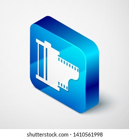 Isometric Camera vintage film roll cartridge icon isolated on white background. Film reel icon. 35mm film canister. Filmstrip photographer equipment. Blue square button. Vector Illustration