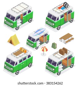 Isometric Camper Set with Different Vans and Camping Equipment. Vector illustration