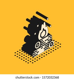 Isometric Campfire icon isolated on yellow background. Burning bonfire with wood.  Vector Illustration