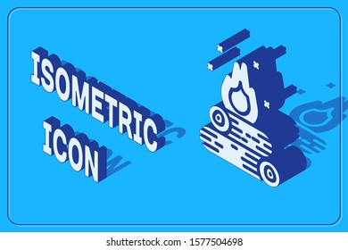 Isometric Campfire icon isolated on blue background. Burning bonfire with wood.  Vector Illustration
