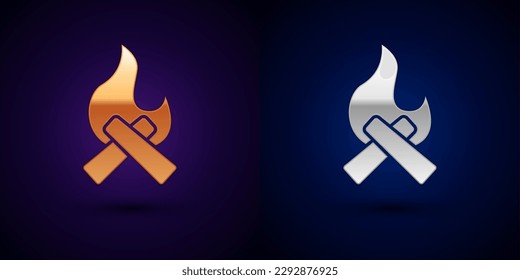 Isometric Campfire icon isolated on orange and pink background. Burning bonfire with wood. Hexagon button. Vector