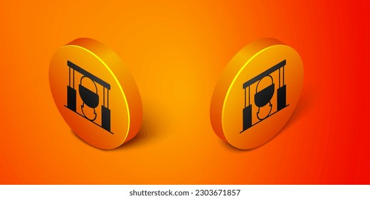 Isometric Campfire and pot icon isolated on orange background. Fire camping cooking in cauldron on firewood and flame. Orange circle button. Vector