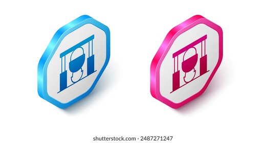 Icono isométrico de fogata y olla aislado sobre fondo blanco. Fuego de cocina de camping en caldero sobre leña y llama. Botón hexagonal. Vector