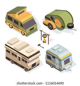 Isometric camping cars. Vector pictures isolate on white. Illustration of camper transportation truck, motorhome auto