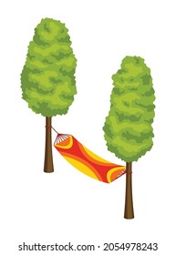 Isometric camping. Colored symbol of hiking. Icon with tool attributes or element of camp equipment. Sleeping bag stretched between two trees isolated vector illustration