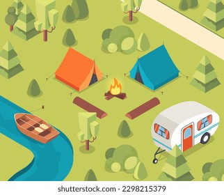 Isometric camping concept. Orange and blue tent with fire near river. Active lifestyle and hiking. Summer and spring season. Camper and bonfire. Cartoon vector illustration