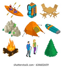 Isometric Camping Elements Set With People In Boat Backpack Table Chairs Mountain Tent Sleeping Bag Bonfire Walking Couple Tree Isolated Vector Illustration