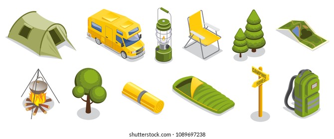 Isometric camping elements set with tent travel bus lantern chair trees map food cooking sleeping bag signboard backpack isolated vector illustration