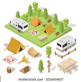 Isometric camping and hiking illustration picnic vector 