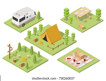 Isometric camping and hiking illustration picnic vector 