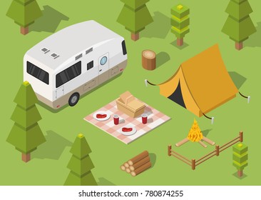 Isometric camping and hiking illustration picnic vector 