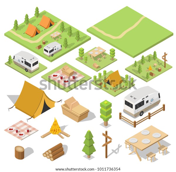 Isometric\
camping and hiking illustration picnic vector\
