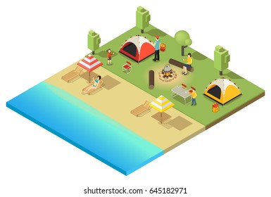 Isometric camping and hiking template with people relaxing and sunbathing on coast isolated vector illustration