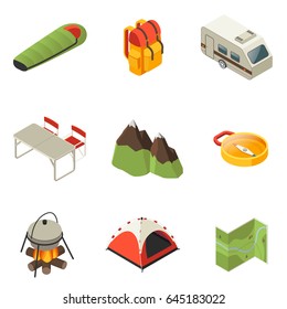 Isometric Camping Icons Collection With Sleeping Bag Backpack Traveling Trailer Chairs Table Mountain Compass Food Cooking Tent Map Isolated Vector Illustration