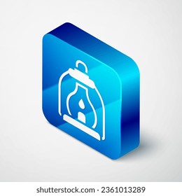 Isometric Camping lantern icon isolated on grey background. Blue square button. Vector