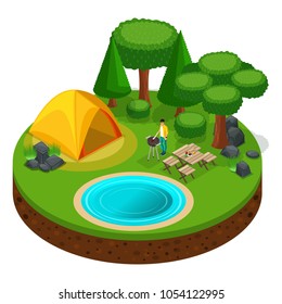 Isometric camping, man cooking steaks bbq, outdoor recreation, nature, lake, forest, tent, dinner with friends.