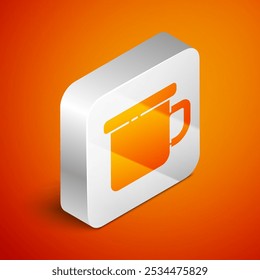 Isometric Camping metal mug icon isolated on orange background. Silver square button. Vector Illustration