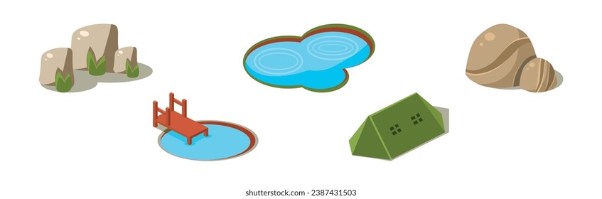 Isometric Camping Object and Adventure Elements Vector Set