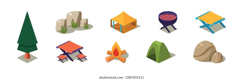 Isometric Camping Object and Adventure Elements Vector Set