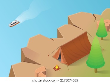 Isometric Camping On The Edge Of A Cliff Above The Sea