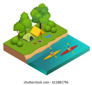 Isometric Camping on the river bank. Tents, bonfire and kayaking on the river. Vacation and holiday concept.