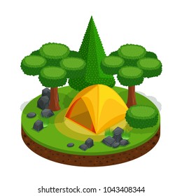 Isometric camping, outdoor recreation, tent, landscape for video games, beautiful design. Forest Stones Nature Freedom