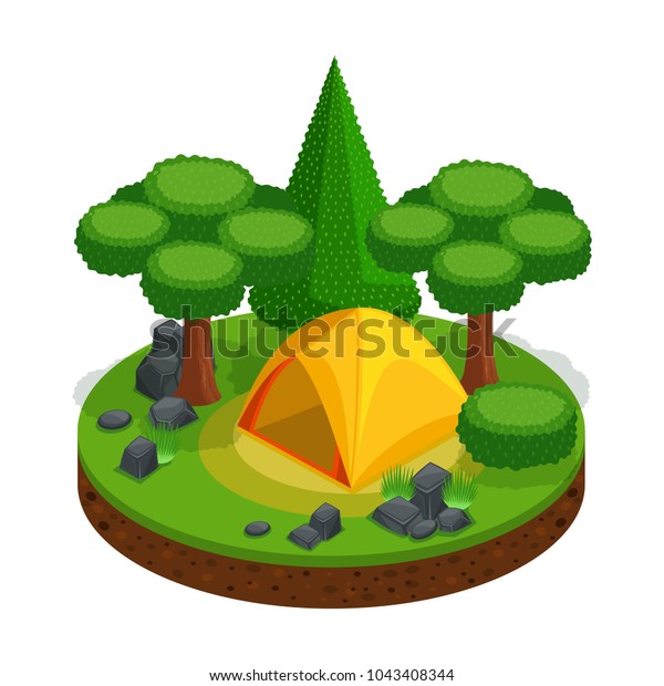 Isometric\
camping, outdoor recreation, tent, landscape for video games,\
beautiful design. Forest Stones Nature\
Freedom